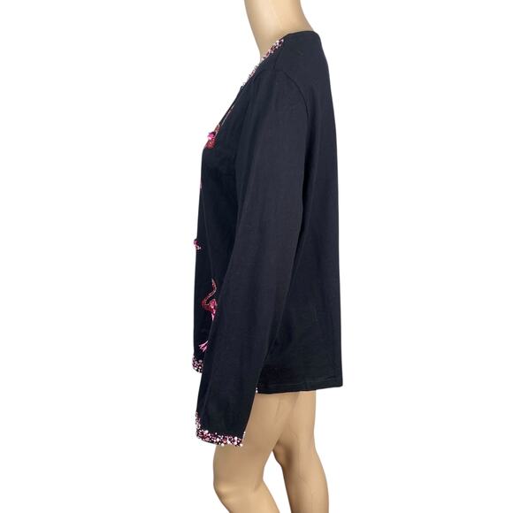 Michael Simon Event RARE Flamingo Sequin Embroidered Black Pink Cardigan SZ XL - Picture 7 of 10